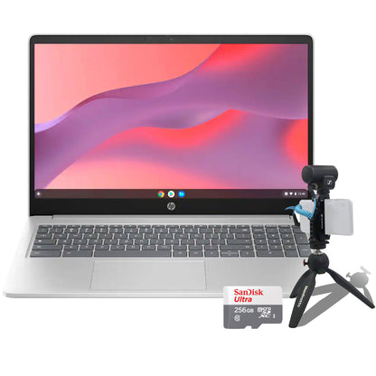 HP 15.6" Chromebook Laptop Intel Processor N200 - 8GB Memory, 64GB eMMC (Natural Silver) with Sandisk Ultra 256GB Micro SDXC Card and Sennheiser Pro MKE 200 Mobile Kit