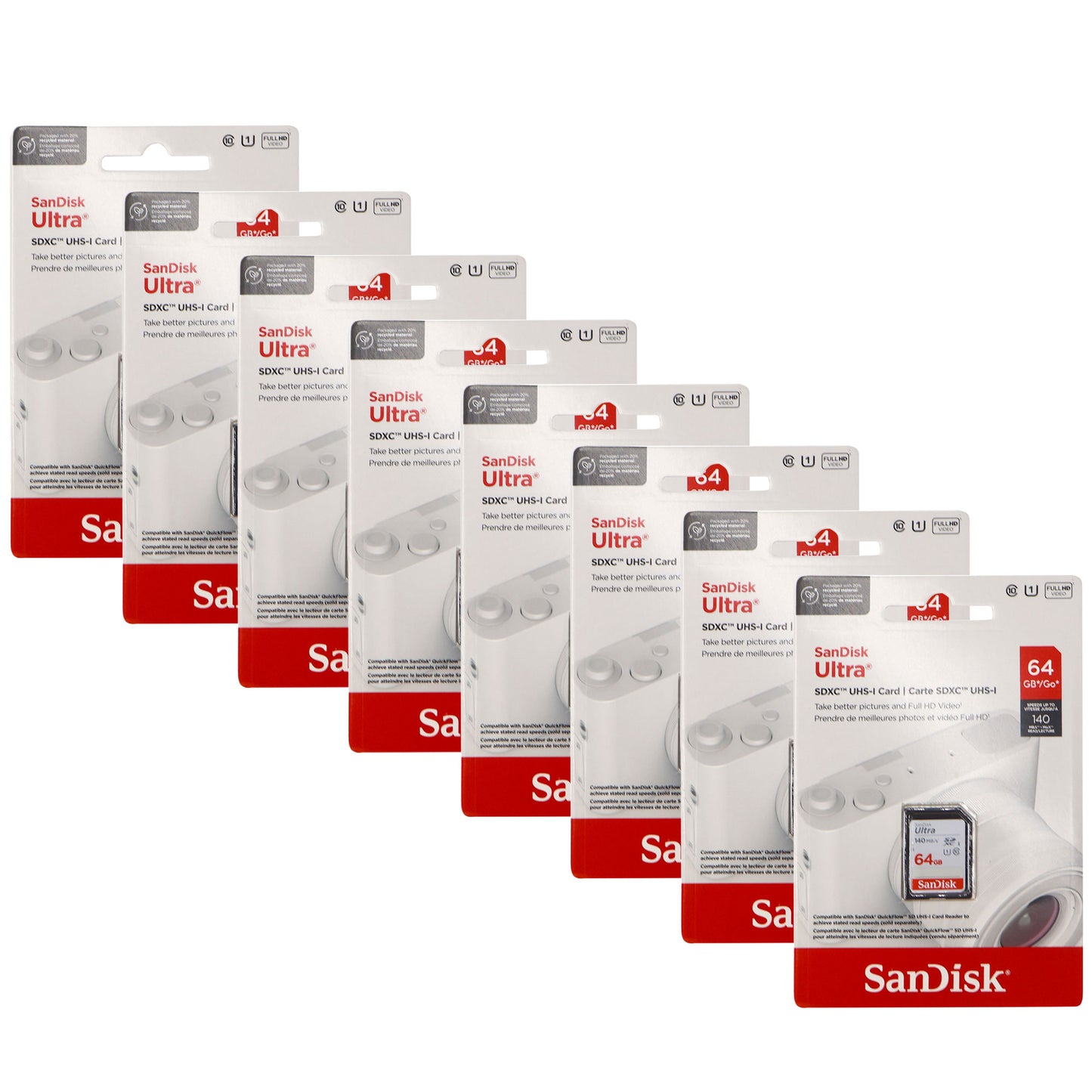 8x SanDisk 64GB Ultra SDXC UHS-I Memory Card - Up to 140MB/s, C10, U1, Full HD, SD Card