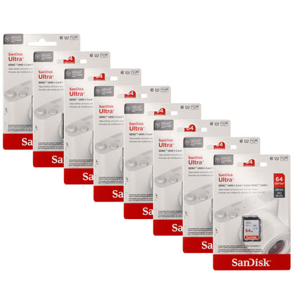 8x SanDisk 64GB Ultra SDXC UHS-I Memory Card - Up to 140MB/s, C10, U1, Full HD, SD Card