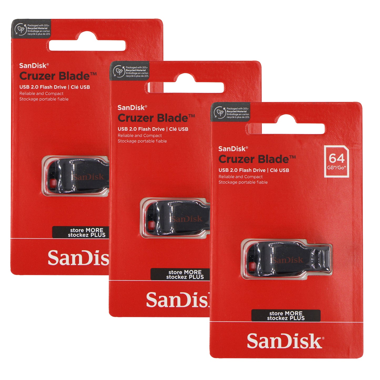 3x SanDisk Cruzer Blade USB Flash Drive - 64GB (Red)