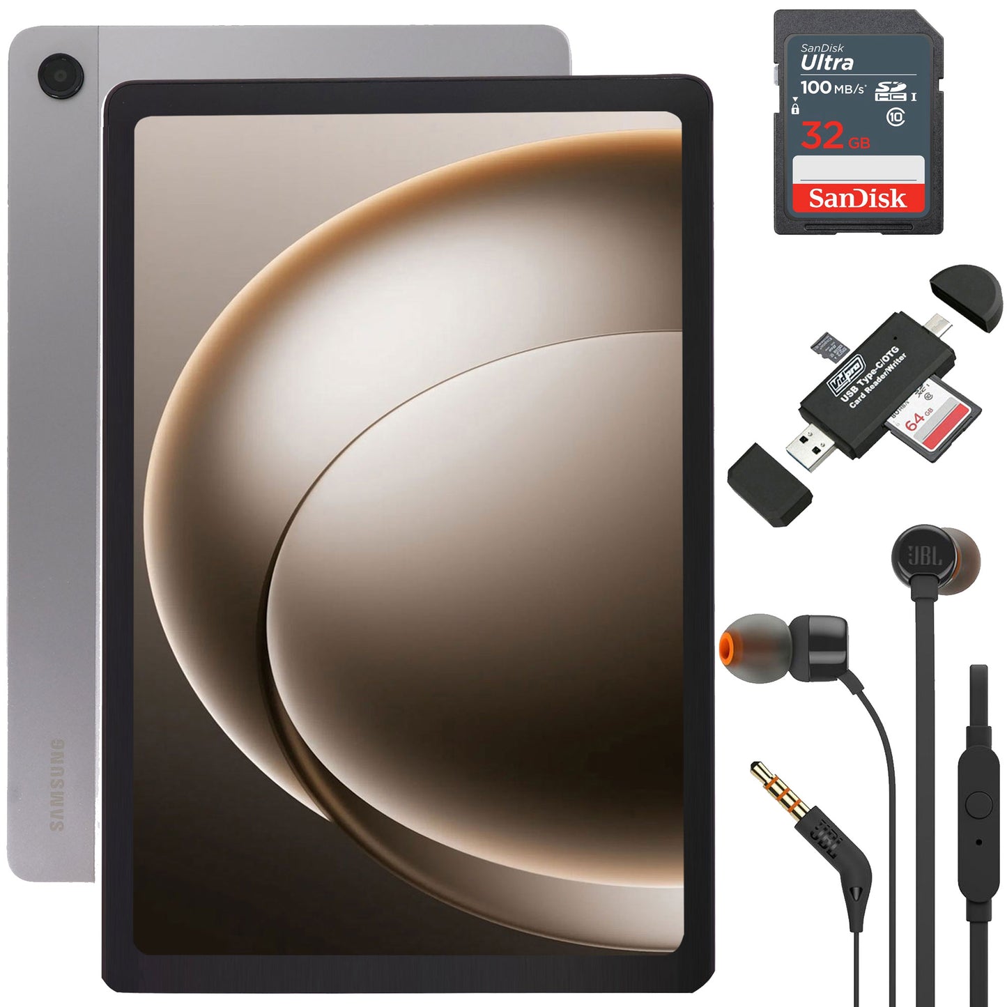 Samsung Galaxy Tab A9+ Plus 11" 128GB Wi-Fi Android Tablet 2024 Model - Silver with SanDisk 32GB SDHC Card, Card Reader, JBL T110 In Ear Headphones