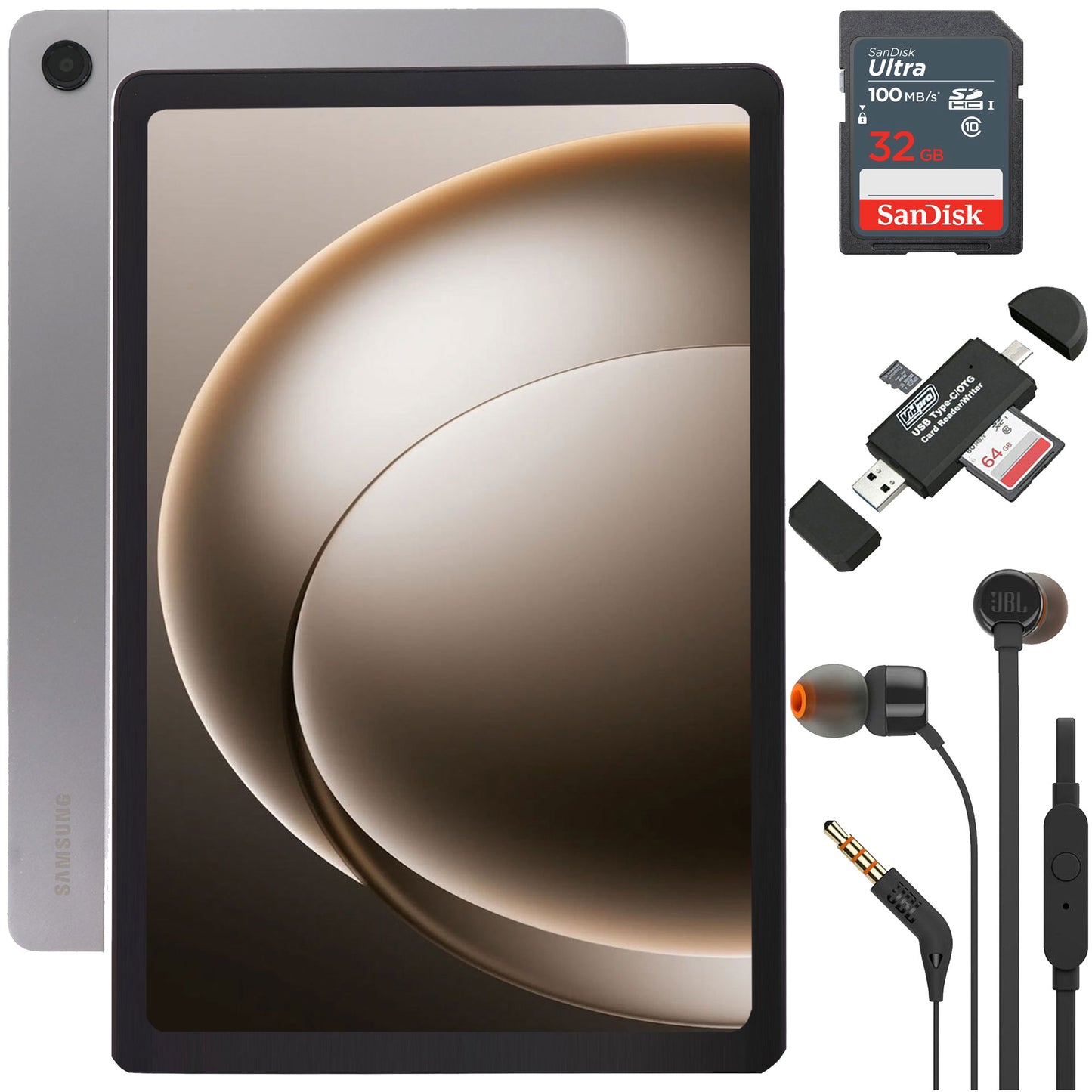 Samsung Galaxy Tab A9+ Plus 11" 64GB Wi-Fi Android Tablet 2024 Model - Silver with SanDisk 32GB SDHC Memory Card, Card Reader, JBL T110 In Ear Headphones