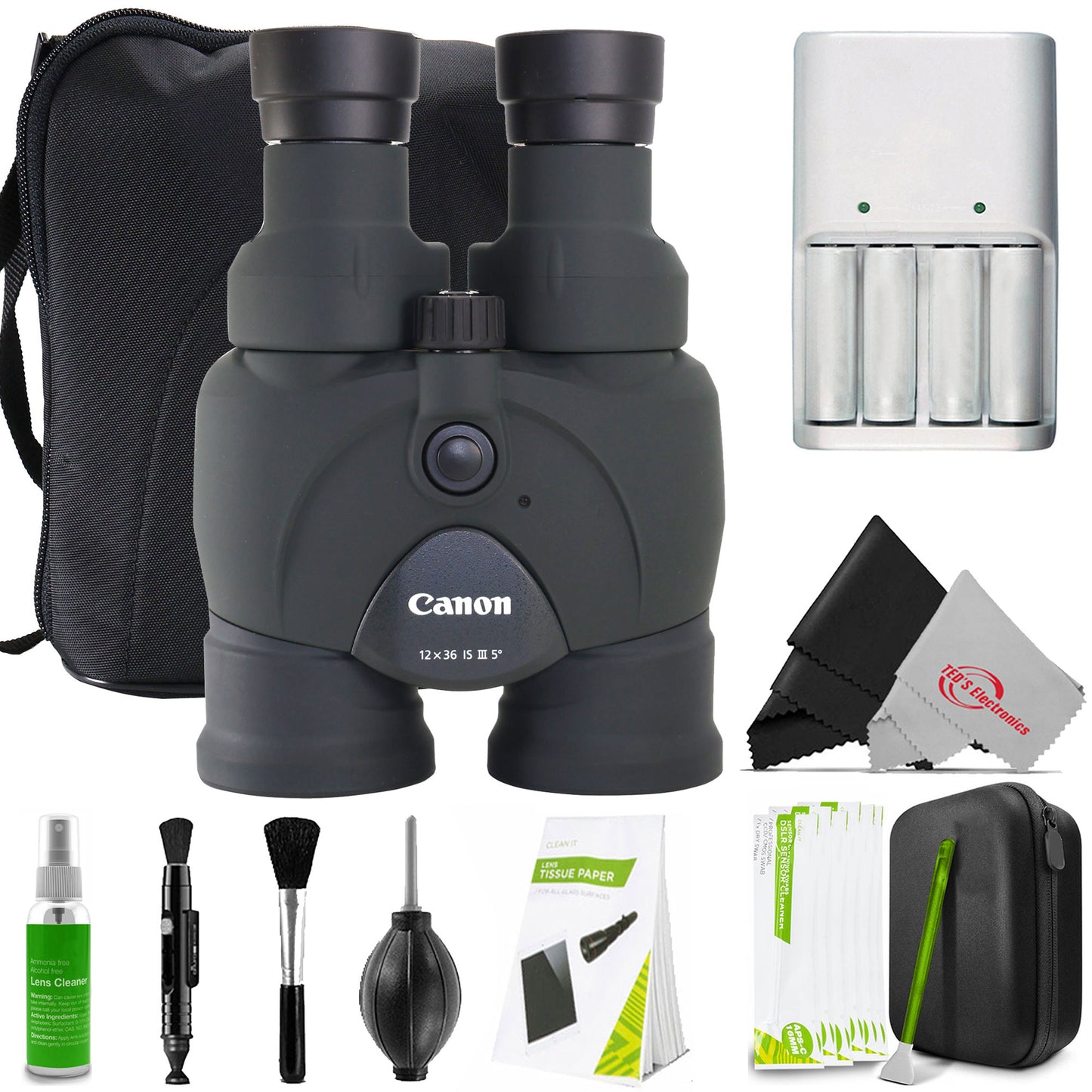 Canon 12x36 IS III Image Stabilized Binoculars with AA Rechargeable Battery and Charger and Professional Cleaning Kit