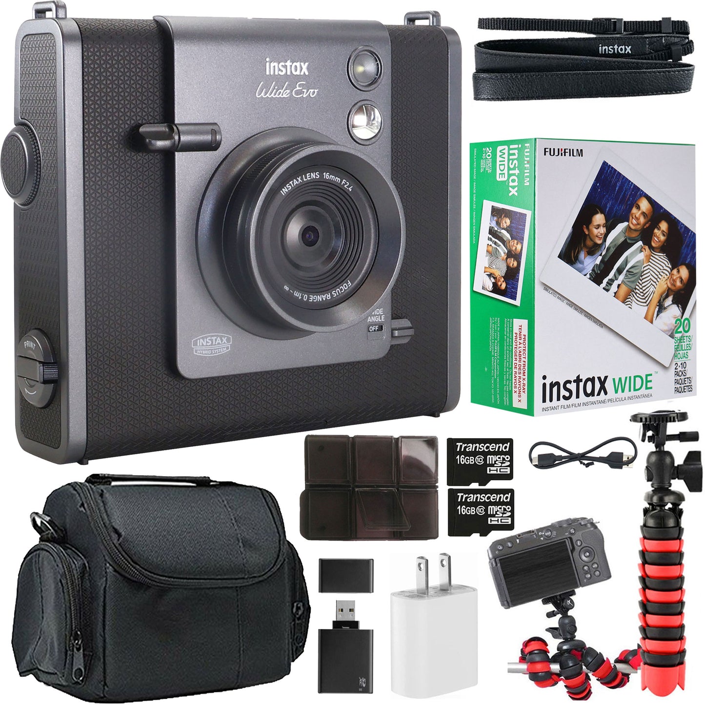 FUJIFILM instax WIDE EVO Hybrid Instant Film Camera + FUJIFILM INSTAX WIDE 2X10 FILM + 2x 16GB Transcend MicroSD Memory Card + BePro BC-1 Case + Vivitar Large Rubberized Spider Tripod + Memory Card Reader + Slim Memory Card Holder + USB-PLUG-WHT