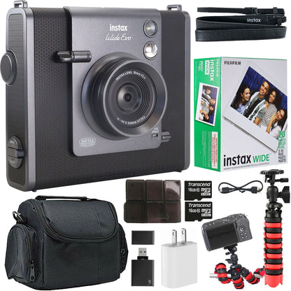 FUJIFILM instax WIDE EVO Hybrid Instant Film Camera + FUJIFILM INSTAX WIDE 2X10 FILM + 2x 16GB Transcend MicroSD Memory Card + BePro BC-1 Case + Vivitar Large Rubberized Spider Tripod + Memory Card Reader + Slim Memory Card Holder + USB-PLUG-WHT