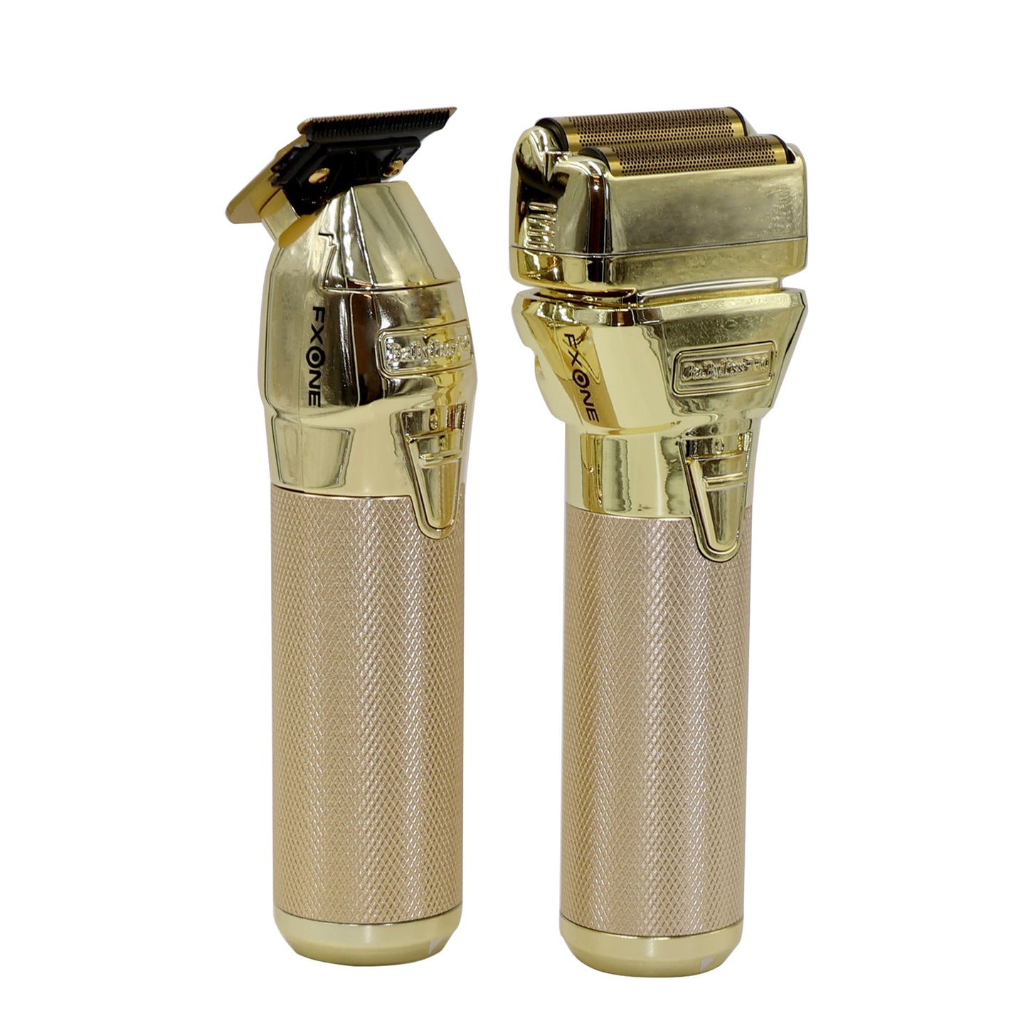 BaByliss Pro FXONE GOLDFX Limited Edition Prepack - Outlining Trimmer and Double Foil Stick Shaver Gold FX1FSTGPK + BaByliss Pro FXONE Dual-Charging Prepack FXC2BPPK + BaByliss Pro Barberology Cutting Cape BBCAPEMB + 9" Clipper Comb Black + Fade Brush