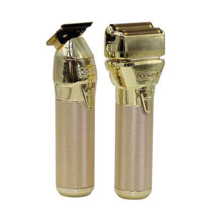 BaByliss Pro FXONE GOLDFX Limited Edition Prepack - Outlining Trimmer and Double Foil Stick Shaver Gold FX1FSTGPK + BaByliss Pro FXONE Dual-Charging Prepack FXC2BPPK + BaByliss Pro Barberology Cutting Cape BBCAPEMB + 9" Clipper Comb Black + Fade Brush
