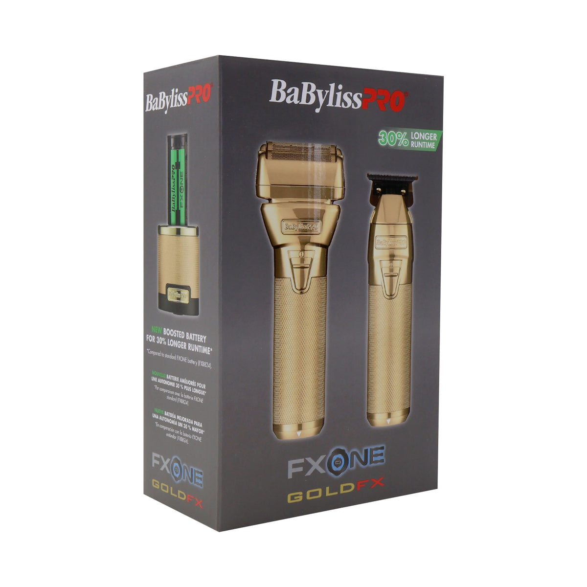BaByliss Pro FXONE GOLDFX Limited Edition Prepack - Outlining Trimmer and Double Foil Stick Shaver Gold FX1FSTGPK + BaByliss Pro FXONE Dual-Charging Prepack FXC2BPPK + BaByliss Pro Barberology Cutting Cape BBCAPEMB + 9" Clipper Comb Black + Fade Brush