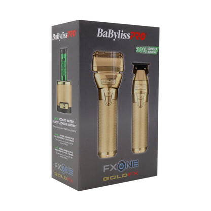 BaByliss Pro FXONE GOLDFX Limited Edition Prepack - Outlining Trimmer and Double Foil Stick Shaver (Gold) FX1FSTGPK + BaByliss Pro FXONE Dual-Charging Prepack [2 Batteries, 1 Charging Stand] #FXC2BPPK + BaBylissPRO Barberology 9 Inch Clipper Comb - Black