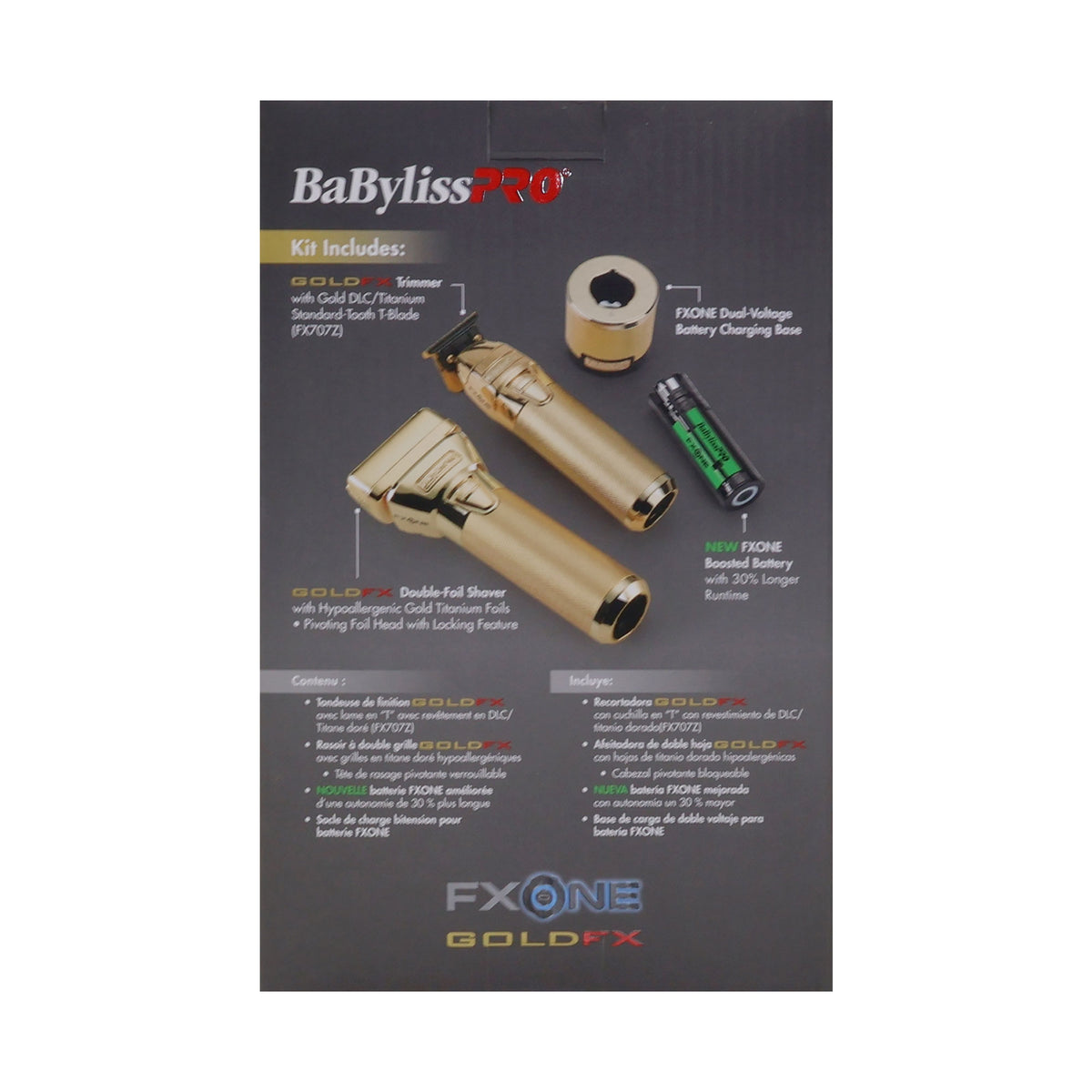 BaByliss Pro FXONE GOLDFX Limited Edition Prepack - Outlining Trimmer and Double Foil Stick Shaver (Gold) FX1FSTGPK + BaByliss Pro FXONE Dual-Charging Prepack [2 Batteries, 1 Charging Stand] #FXC2BPPK + BaBylissPRO Barberology 9 Inch Clipper Comb - Black