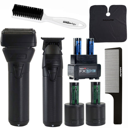 BaByliss Pro FXONE BlackFX Limited Edition Prepack - Stick Shaver and Outlining Trimmer Black FX1FSTMBPK + BaByliss Pro FXONE Dual-Charging Prepack FXC2BPPK + BaByliss Pro Pro Cutting Cape + BaBylissPRO Barberology 9" Comb - Black + BaByliss Pro Fade Brus