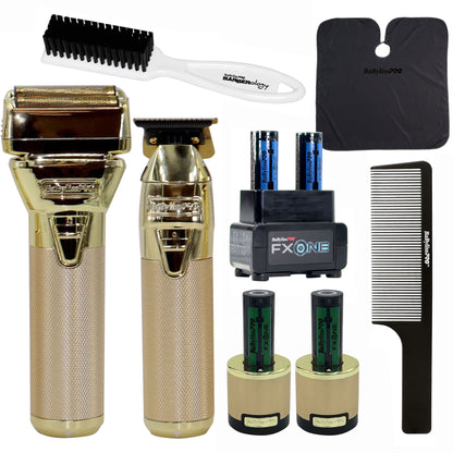 BaByliss Pro FXONE GOLDFX Limited Edition Prepack - Outlining Trimmer and Double Foil Stick Shaver Gold FX1FSTGPK + BaByliss Pro FXONE Dual-Charging Prepack FXC2BPPK + BaByliss Pro Barberology Cutting Cape BBCAPEMB + 9" Clipper Comb Black + Fade Brush