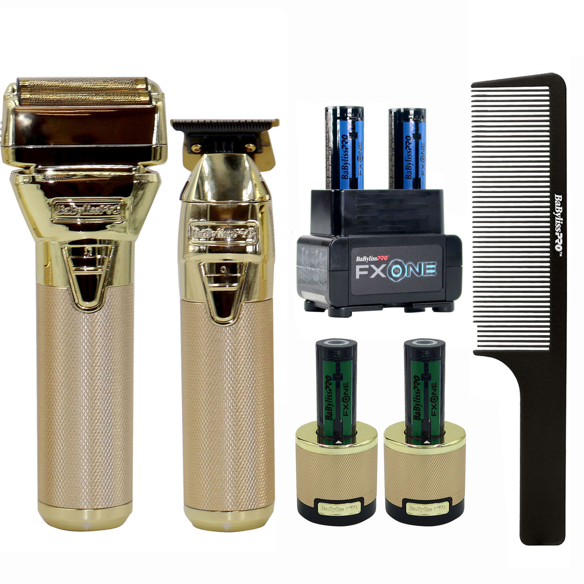BaByliss Pro FXONE GOLDFX Limited Edition Prepack - Outlining Trimmer and Double Foil Stick Shaver (Gold) FX1FSTGPK + BaByliss Pro FXONE Dual-Charging Prepack [2 Batteries, 1 Charging Stand] #FXC2BPPK + BaBylissPRO Barberology 9 Inch Clipper Comb - Black
