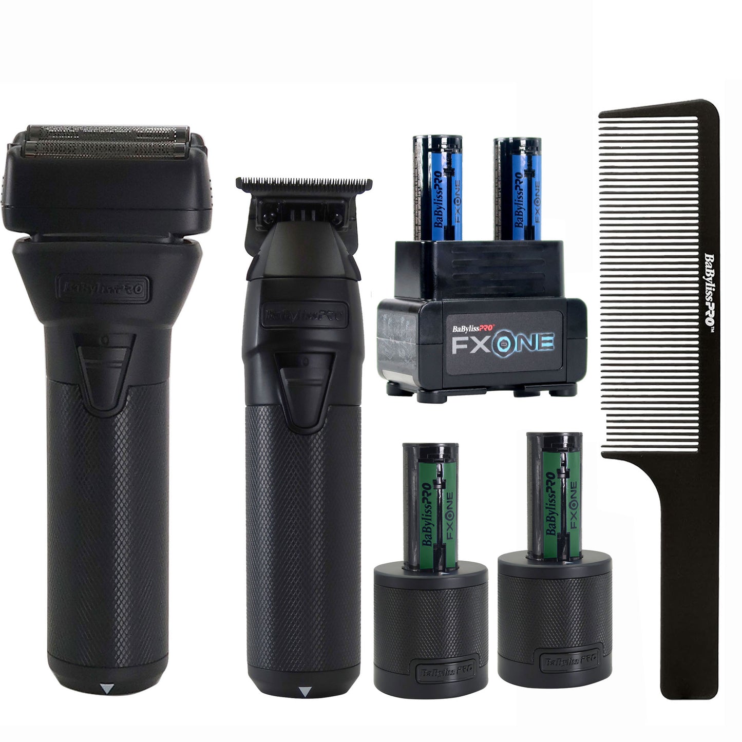 BaByliss Pro FXONE BlackFX Limited Edition Prepack - Stick Shaver and Outlining Trimmer (Black) FX1FSTMBPK + BaByliss Pro FXONE Dual-Charging Prepack [2 Batteries, 1 Charging Stand] #FXC2BPPK + BaBylissPRO Barberology 9 Inch Clipper Comb - Black