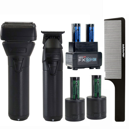 BaByliss Pro FXONE BlackFX Limited Edition Prepack - Stick Shaver and Outlining Trimmer (Black) FX1FSTMBPK + BaByliss Pro FXONE Dual-Charging Prepack [2 Batteries, 1 Charging Stand] #FXC2BPPK + BaBylissPRO Barberology 9 Inch Clipper Comb - Black