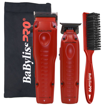 BaBylissPRO FXONE LO-PROFX Clipper & Trimmer Red Kit w/ Fade Brush, Charging Base & Pouch