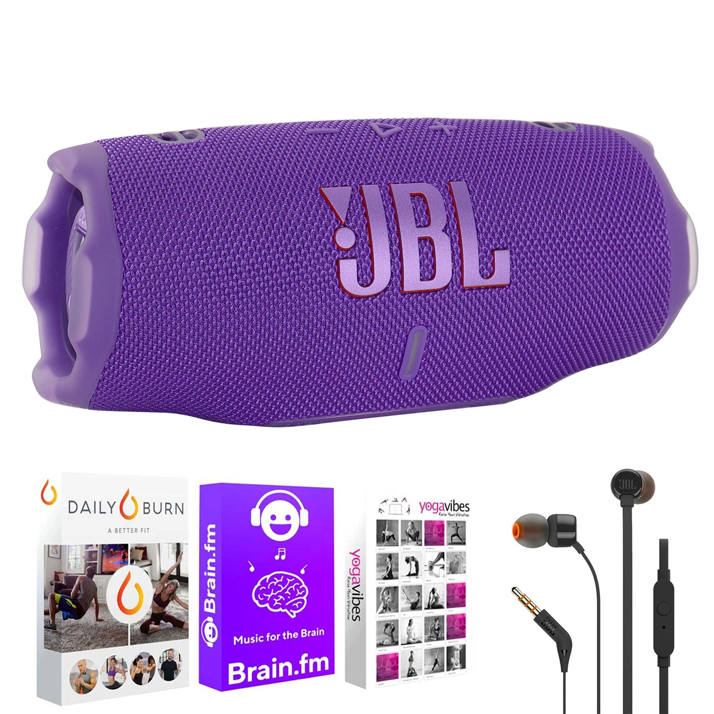 JBL Charge 6 Portable Bluetooth Wireless Speaker (Purple) with Fitness and Wellness Plus Software and JBL T110 in Ear Headphones