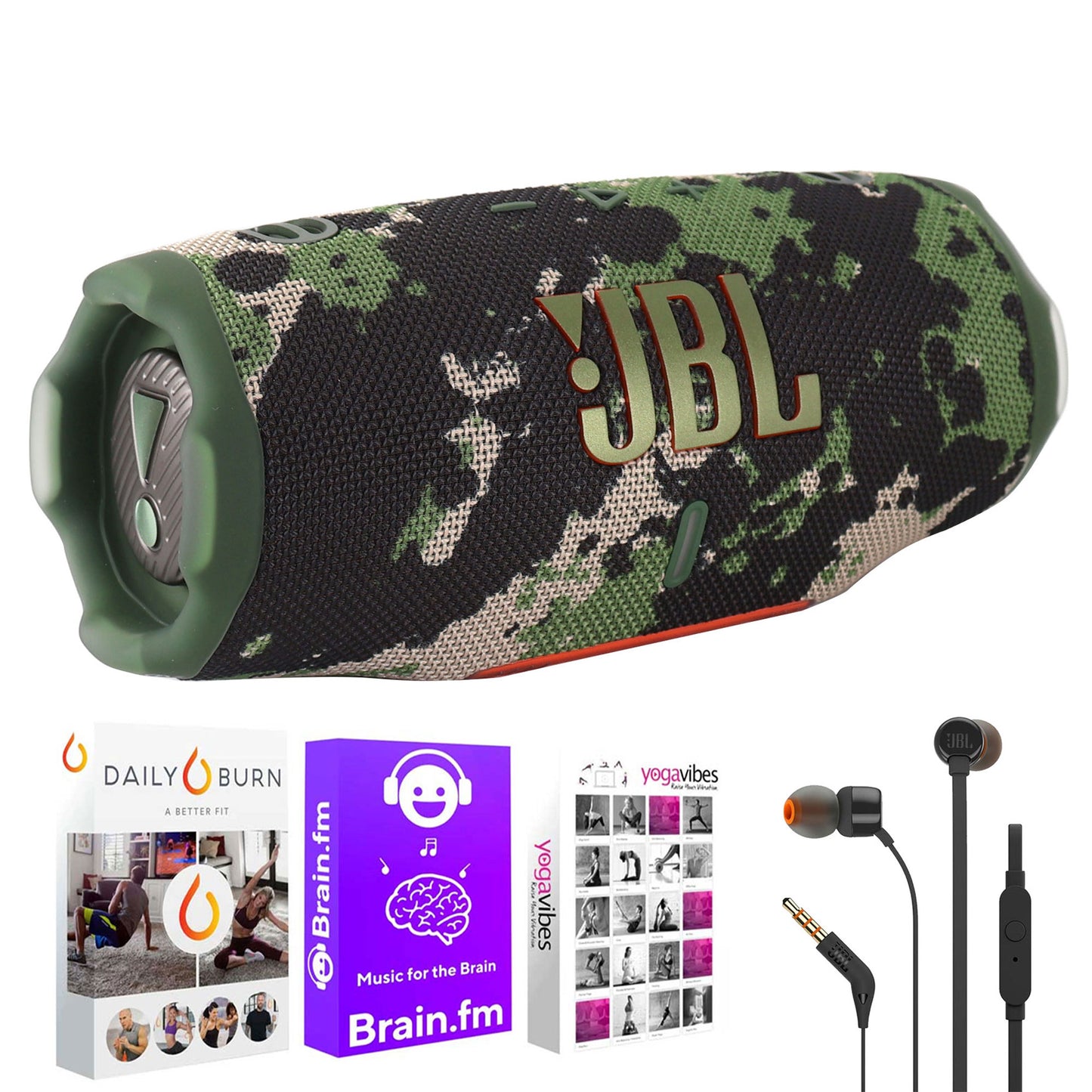 JBL Charge 6 Portable Bluetooth Wireless Speaker (Camoflauge) with Fitness and Wellness Plus Software and JBL T110 in Ear Headphones