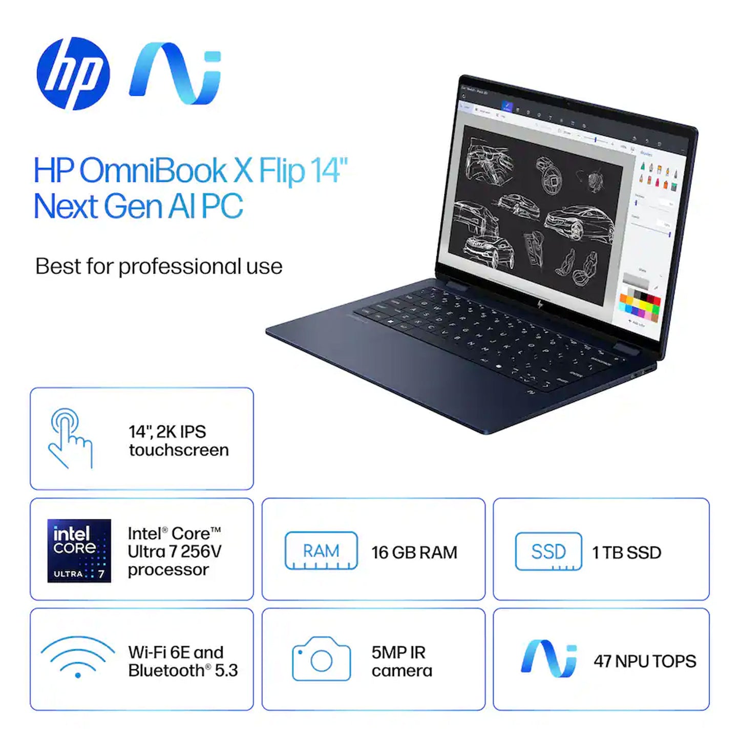 HP OmniBook X Flip 14" 2K Touch-Screen Laptop - Intel Core Ultra 7 256V 2024 - 16GB Memory, 1TB SSD (Atmospheric Blue)