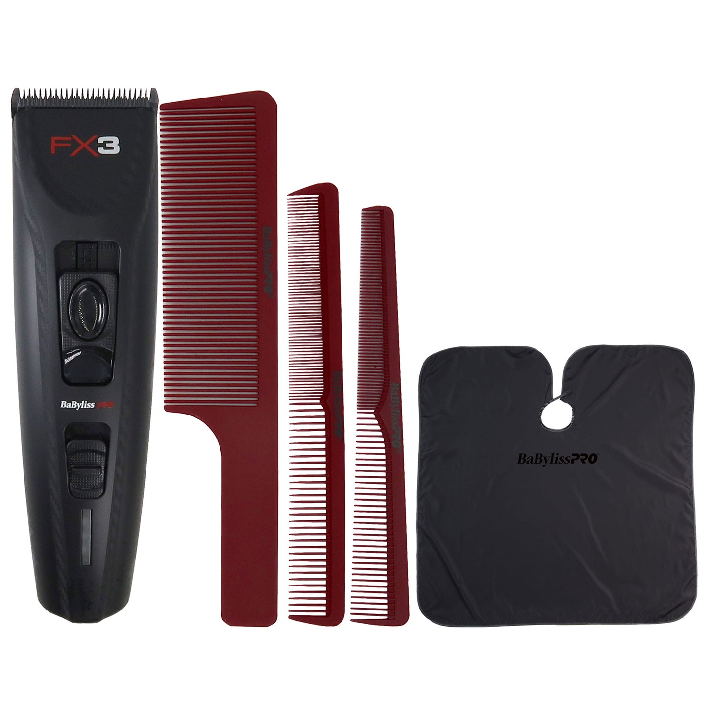 BaByliss Pro FX3 High Torque Cordless Clipper FXX3CB (Black) with Barberology Comb Set (Clipper, Cutting, Taper Combs) and Barberology Cutting Cape