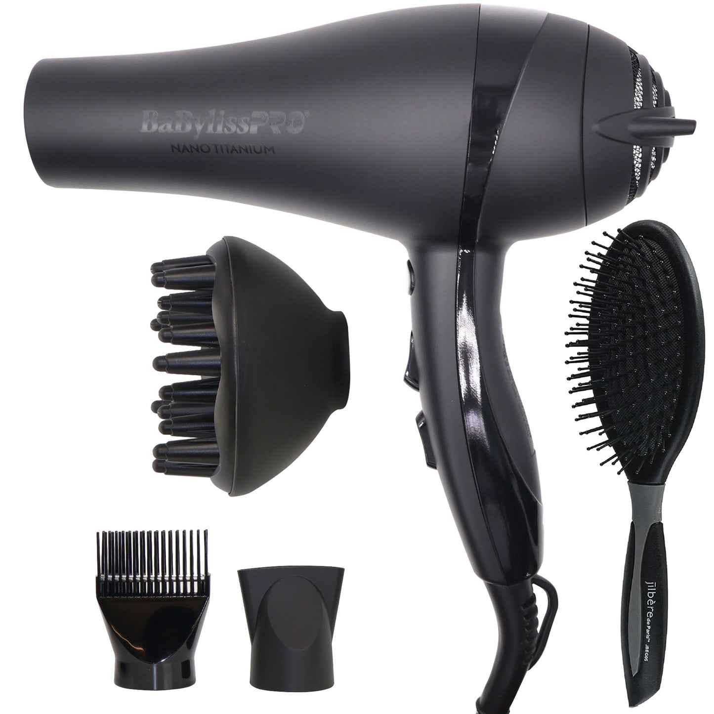 Nano Titanium 2000-Watt Blow Dryer with Concentrator Nozzle (Black) BNTMB5548 and Conair Pro Ergo-Grip Detangler Brush