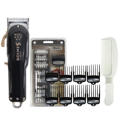 Wahl 8504 Professional Clipper Cordless Senior 120-240V with 8-Pack Premium Cutting Guides and Flat Top Comb
