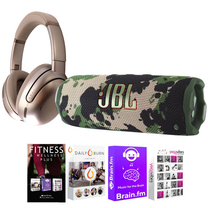 JBL Tour One M3 Wireless Over-Ear Noise Cancelling Headphones - Latte with JBL Flip 7 Portable Waterproof Bluetooth Speaker (Camoflauge) and Software