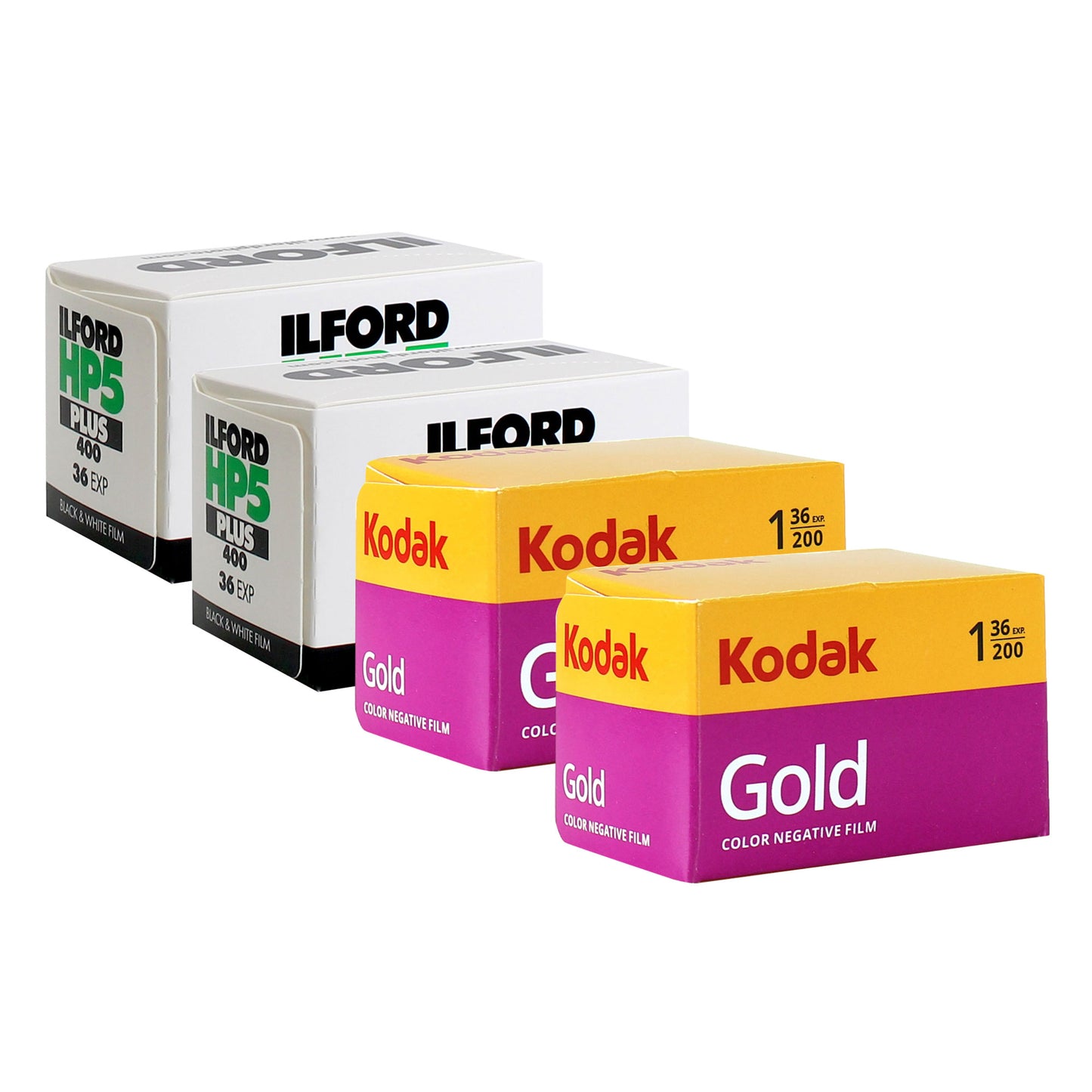 2x Kodak GOLD 200 Color Negative Film (35mm Roll Film, 36 Exposures) + 2x Ilford HP5 Plus Black and White Negative Film (35mm Roll Film, 36 Exposures)