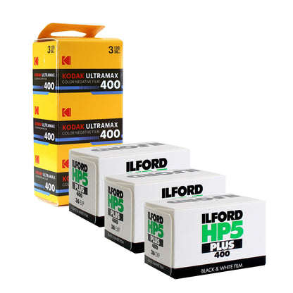 Kodak Eastman UltraMax 400 Color Negative Film (35mm Roll Film, 36 Exposures, 3-Pack) + 3x Ilford HP5 Plus Black and White Negative Film (35mm Roll Film, 36 Exposures)