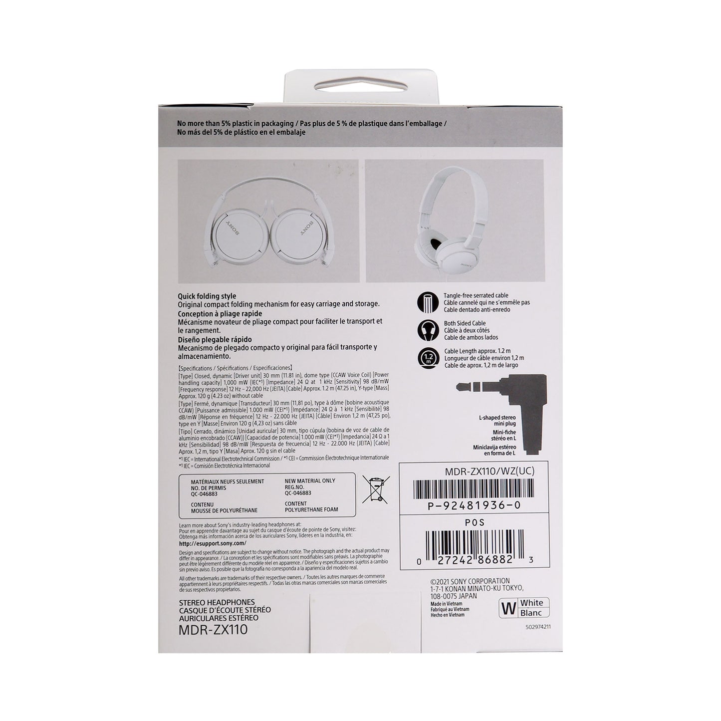 Sony MDR-ZX110 On-Ear Wired  Headphones (White)