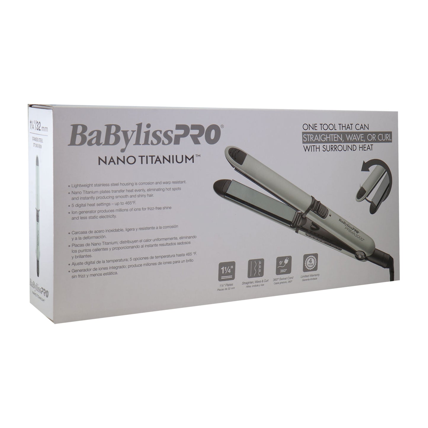 BaByliss Pro Limited Edition Nano Titanium Prima 3000 Stainless Steel Flat Iron Grey - 1-1/4" #BNT3000TGY (Dual Voltage)