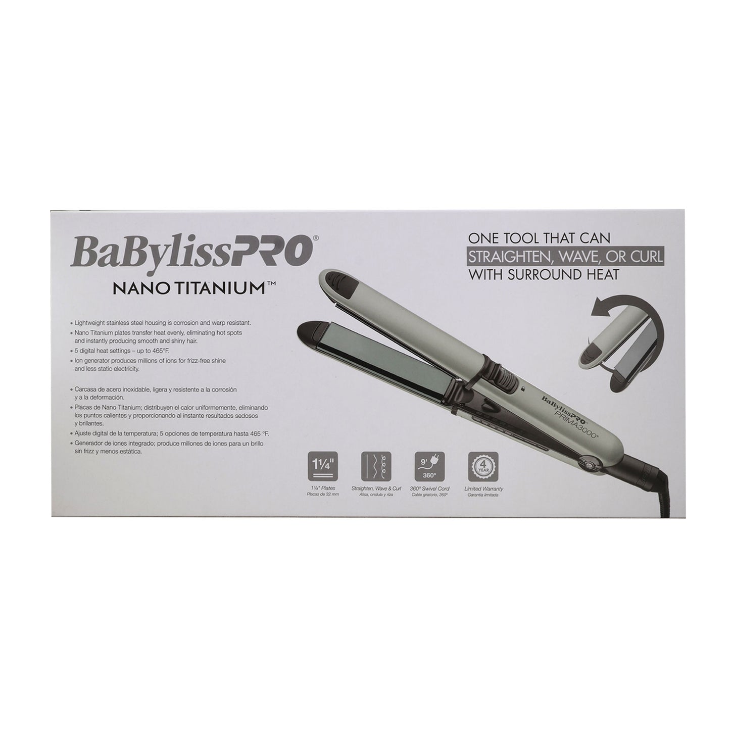 BaByliss Pro Limited Edition Nano Titanium Prima 3000 Stainless Steel Flat Iron Grey - 1-1/4" #BNT3000TGY (Dual Voltage)
