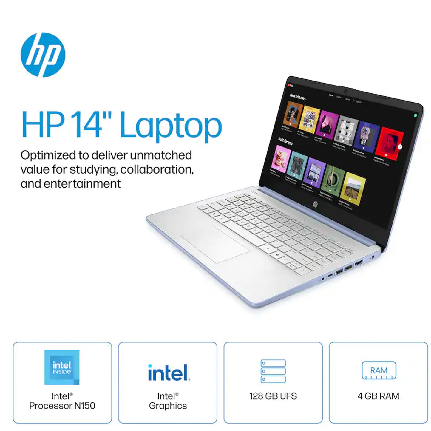 HP 14" Laptop - Intel Processor N150 2025 - 4GB Memory, 128GB UFS (Sky Blue)