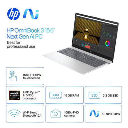 HP OmniBook 3 Copilot+ PC 15.6" Full HD Touch-Screen Laptop - AMD Ryzen 5 AI 5 330 2025 - 16GB Memory, 12GB SSD (Glacier Silver)