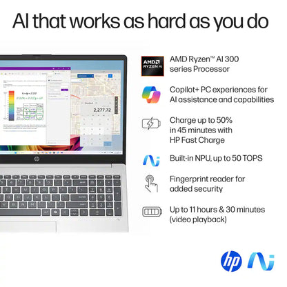 HP OmniBook 3 Copilot+ PC 15.6" Full HD Touch-Screen Laptop - AMD Ryzen 5 AI 5 330 2025 - 16GB Memory, 12GB SSD (Glacier Silver)