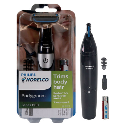 Philips Norelco Bodygroom Series 1100, BG1026/60, Showerproof Body Hair Trimmer and Groomer for Men + Philips Norelco Ultimate Comfort Nose Trimmer 1000 Battery Powered NT1605/60 for Nose, Ear, and Eyebrows