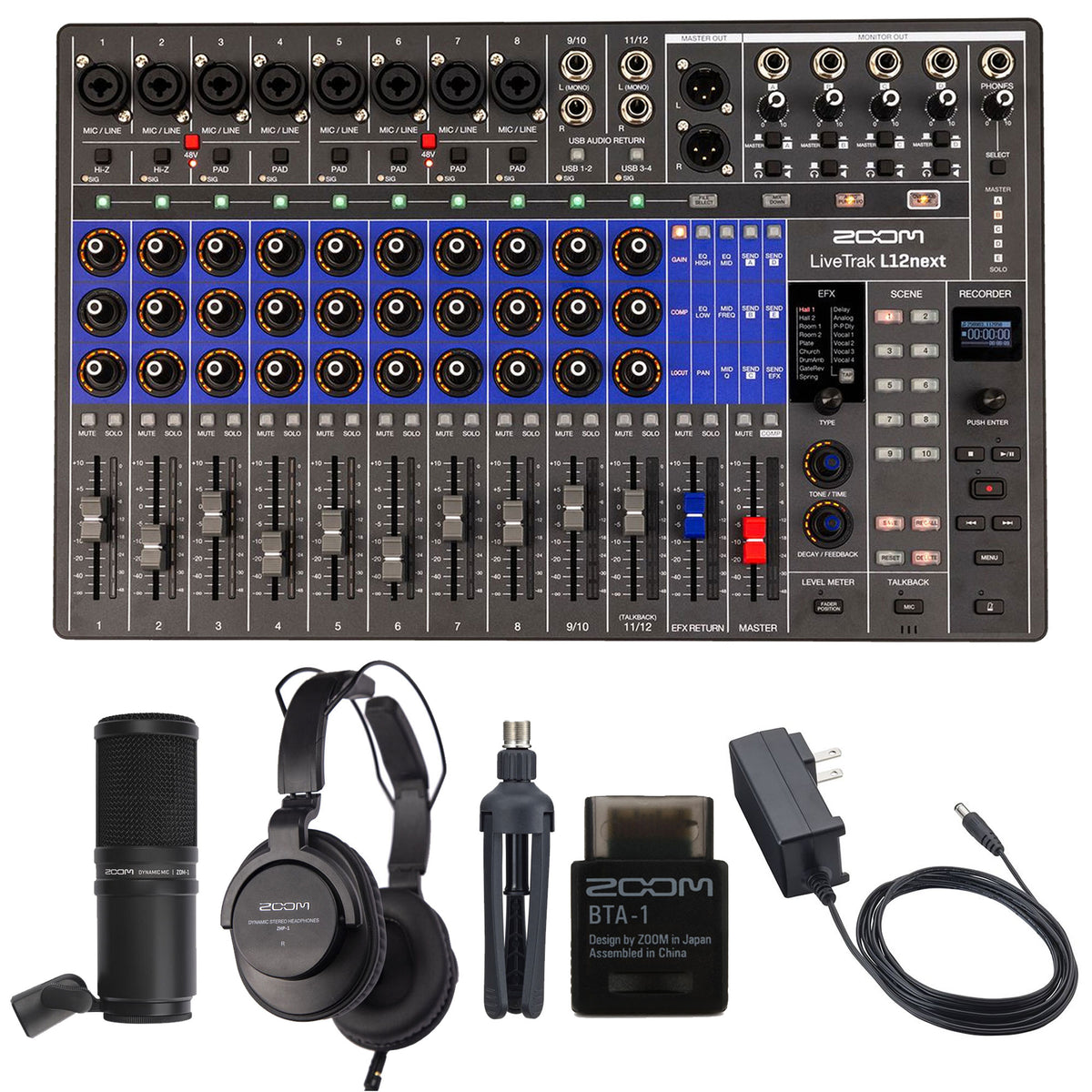 Zoom LiveTrak L12next Digital Mixer / Recorder + ZOOM BTA-1 Bluetooth Adaptor For ARQ AR-48, L-20, H3-VR & F6 + Zoom ZDM-1 Podcast Mic Pack Accessory Bundle With Microphone, Headphones, Tripod, W dscreen & Cable + ZOOM AD-19D 12V AC Adapter For F4, F8, T