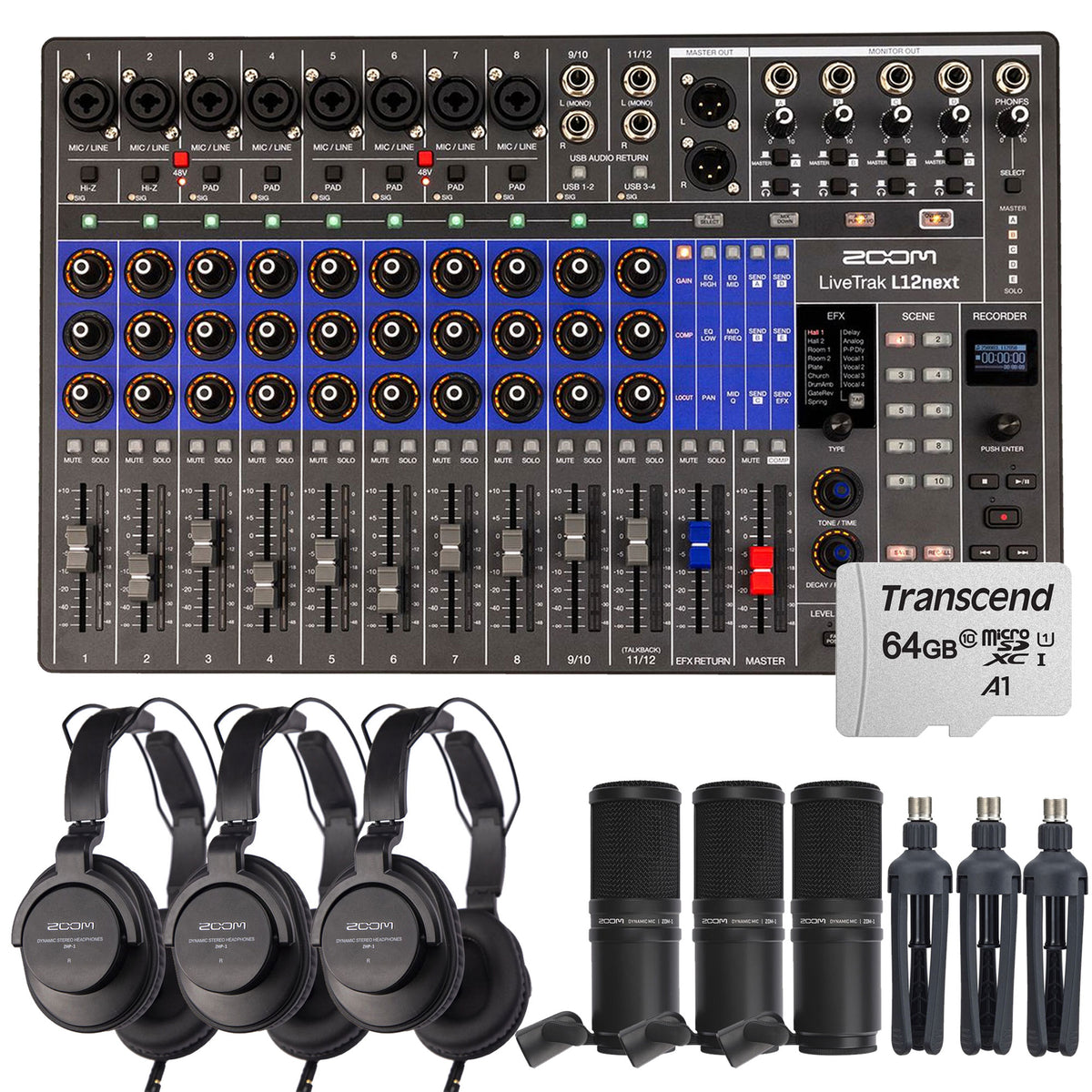 Zoom LiveTrak L12next Digital Mixer / Recorder with 3x Zoom ZDM-1 Podcast Mic Pack Accessory Kit and 64GB microSDXC Card