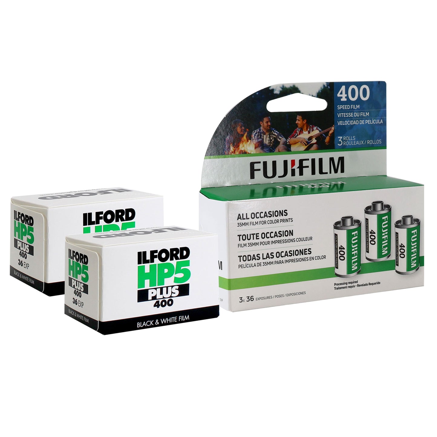 Fujifilm 400 Color Negative 35mm Film (36 Exposures) - 3 Pack + 2x Ilford HP5 Plus Black and White Negative Film (35mm Roll Film, 36 Exposures)