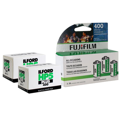 Fujifilm 400 Color Negative 35mm Film (36 Exposures) - 3 Pack + 2x Ilford HP5 Plus Black and White Negative Film (35mm Roll Film, 36 Exposures)