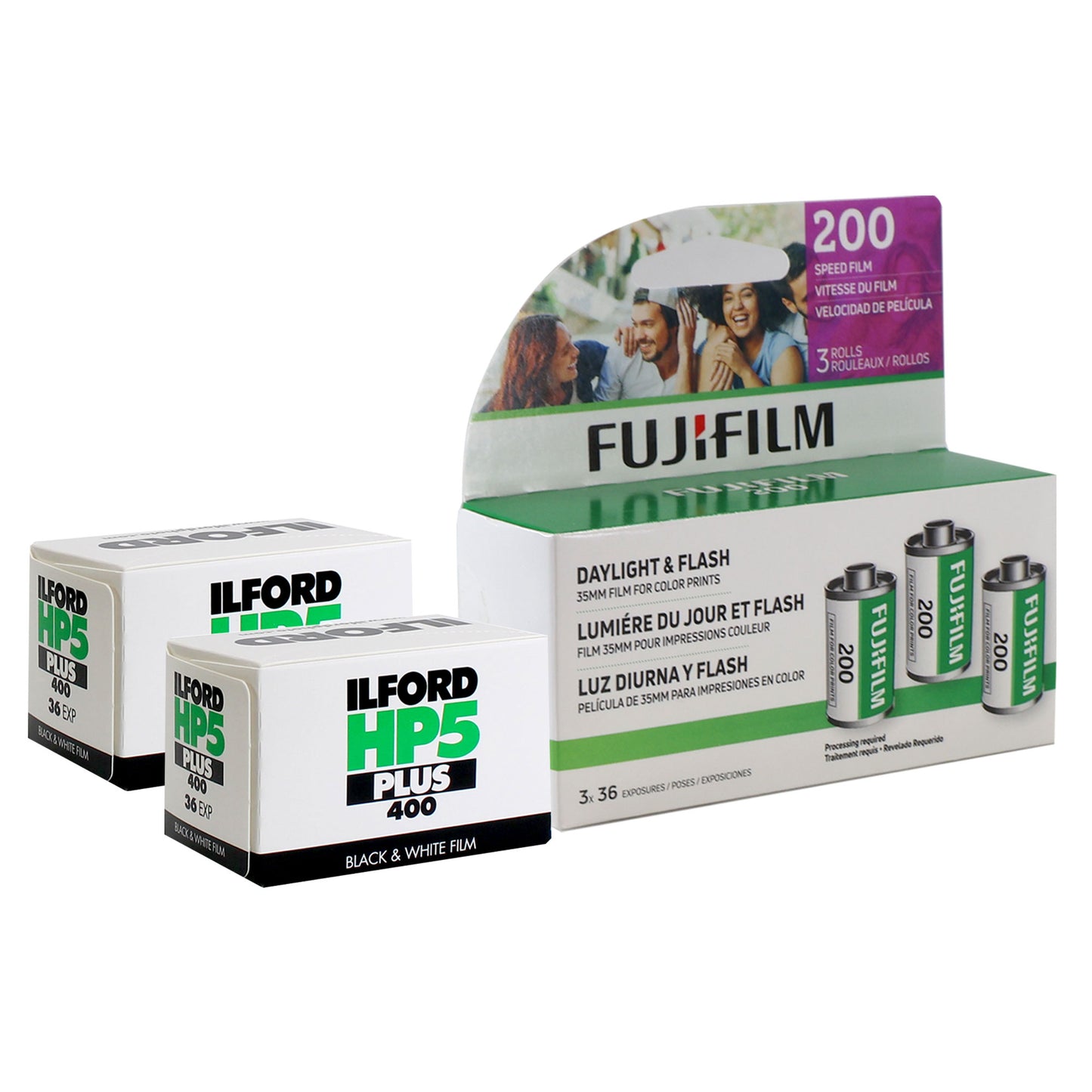 Fujifilm 200 Color Negative 35mm Film (36 Exposures) - 3 Pack + 2x Ilford HP5 Plus Black and White Negative Film (35mm Roll Film, 36 Exposures)