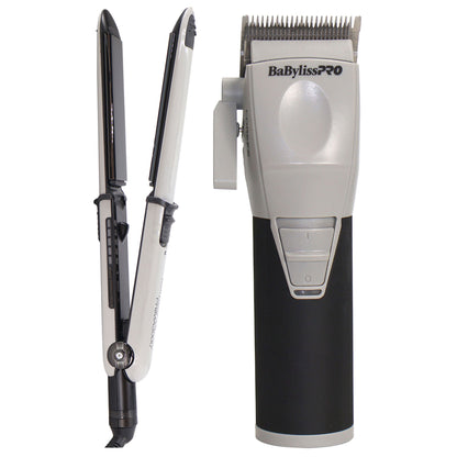 BaByliss Pro Limited Edition Nano Titanium Prima 3000 Stainless Steel 1 1/4" Flat Iron Grey BNT3000TGY with COREFX Pro Performance Hair Clipper FX86