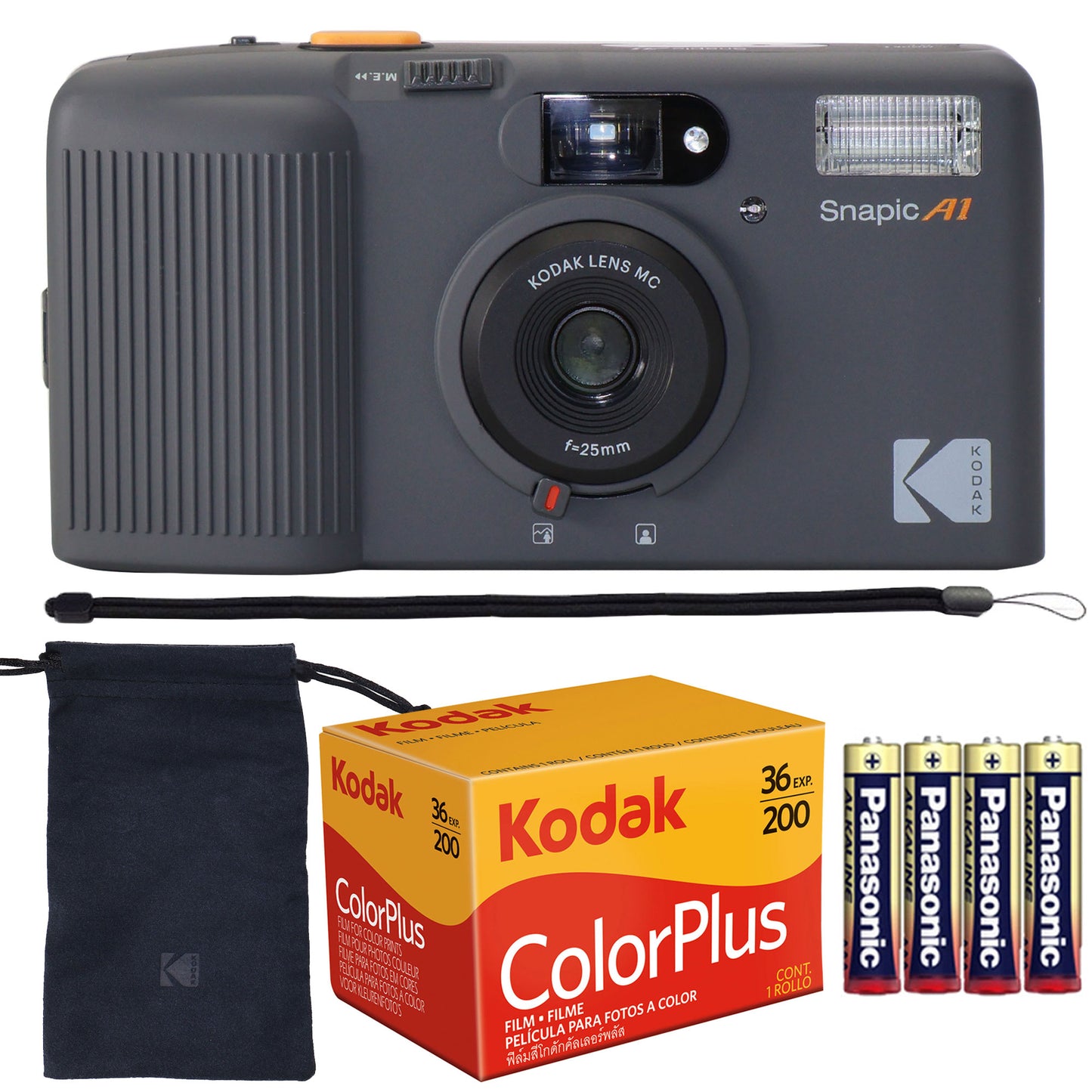 Kodak Snapic A1 35mm Film Camera (Rhino Gray) + Kodak ColorPlus 200 Color Negative Film (35mm Roll Film, 36 Exposures) 6031470 + 4x Alkaline AAA Batteries