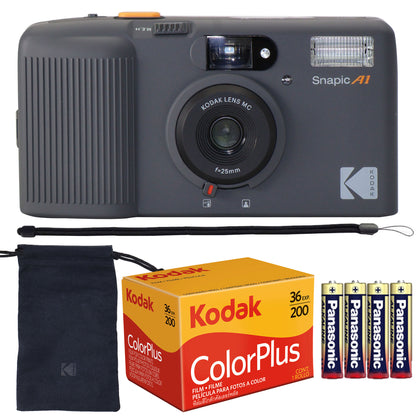 Kodak Snapic A1 35mm Film Camera (Rhino Gray) + Kodak ColorPlus 200 Color Negative Film (35mm Roll Film, 36 Exposures) 6031470 + 4x Alkaline AAA Batteries