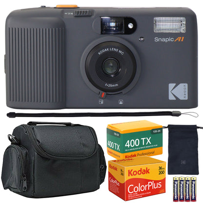 Kodak Snapic A1 35mm Film Camera (Rhino Gray) + Kodak ColorPlus 200 Color Negative Film (35mm Roll Film, 36 Exposures) 6031470 + Kodak Professional 400TX Tri-X 400 Negative Film  24 Exp 1590652 + 4x Alkaline AAA Batteries