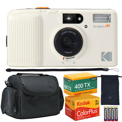 Kodak Snapic A1 35mm Film Camera (Ivory White) with ColorPlus 200 Color Negative Film and Pro 400TX Tri-X 400 Negative Film + 4x Alkaline AAA Batteries