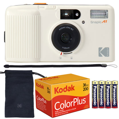 Kodak Snapic A1 35mm Film Camera (Ivory White) + Kodak ColorPlus 200 Color Negative Film (35mm Roll Film, 36 Exposures) 6031470 + 4x Alkaline AAA Batteries