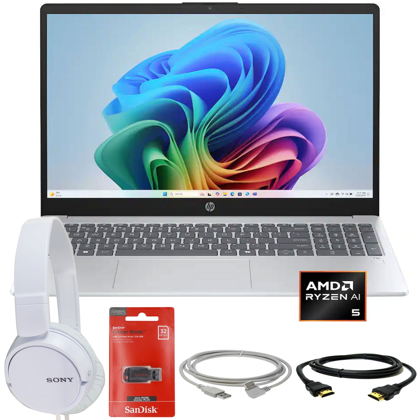 HP OmniBook 3 Copilot+ PC 15.6" Full HD Touch-Screen Laptop - AMD Ryzen 5 AI 5 330 2025 - 16GB Memory, 12GB SSD (Glacier Silver) Complete Office Work Bundle