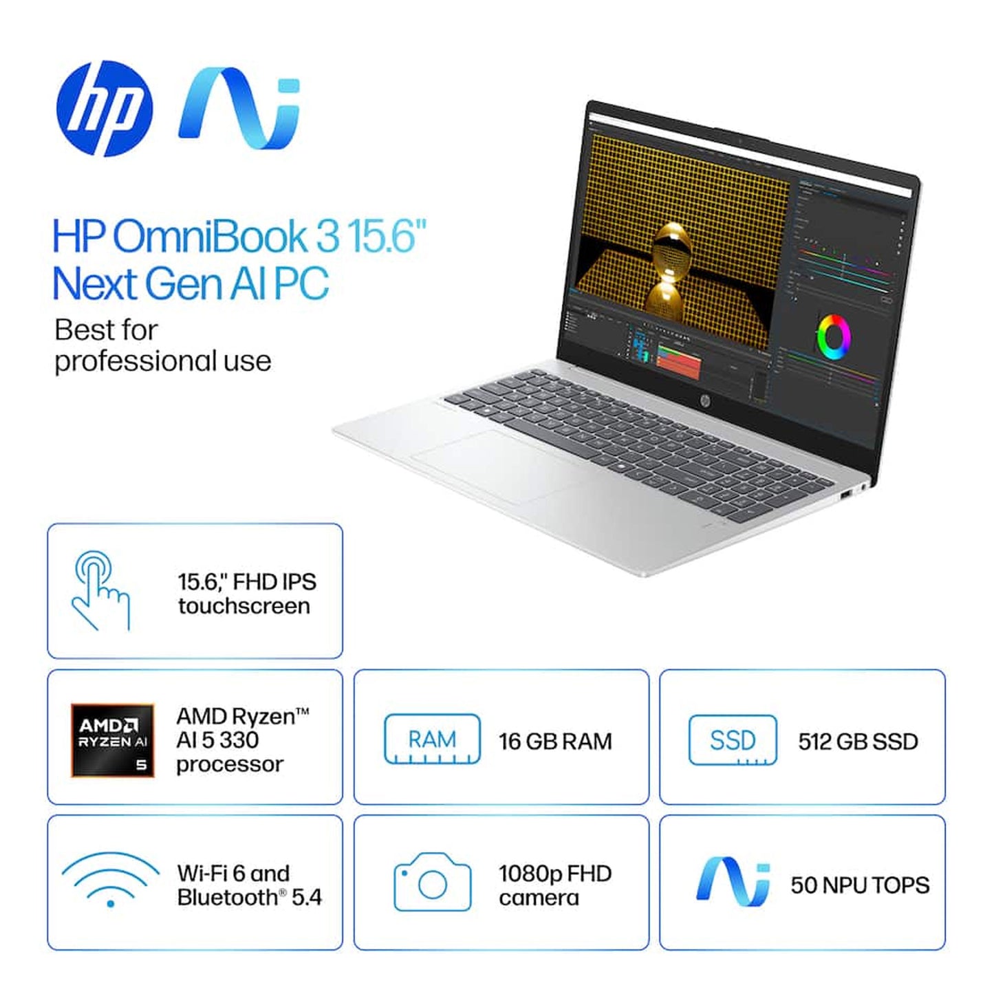 HP OmniBook 3 Copilot+ PC 15.6" Full HD Touch-Screen Laptop - AMD Ryzen 5 AI 5 330 2025 - 16GB Memory, 12GB SSD (Glacier Silver) Complete Office Work Bundle
