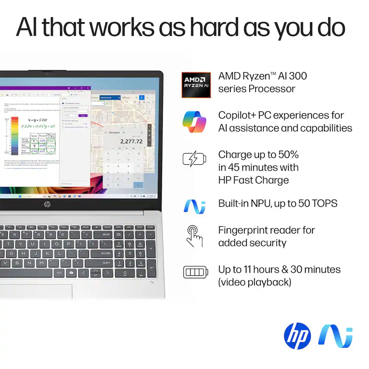 HP OmniBook 3 Copilot+ PC 15.6" Full HD Touch-Screen Laptop - AMD Ryzen 5 AI 5 330 2025 - 16GB Memory, 12GB SSD (Glacier Silver) Complete Office Work Bundle